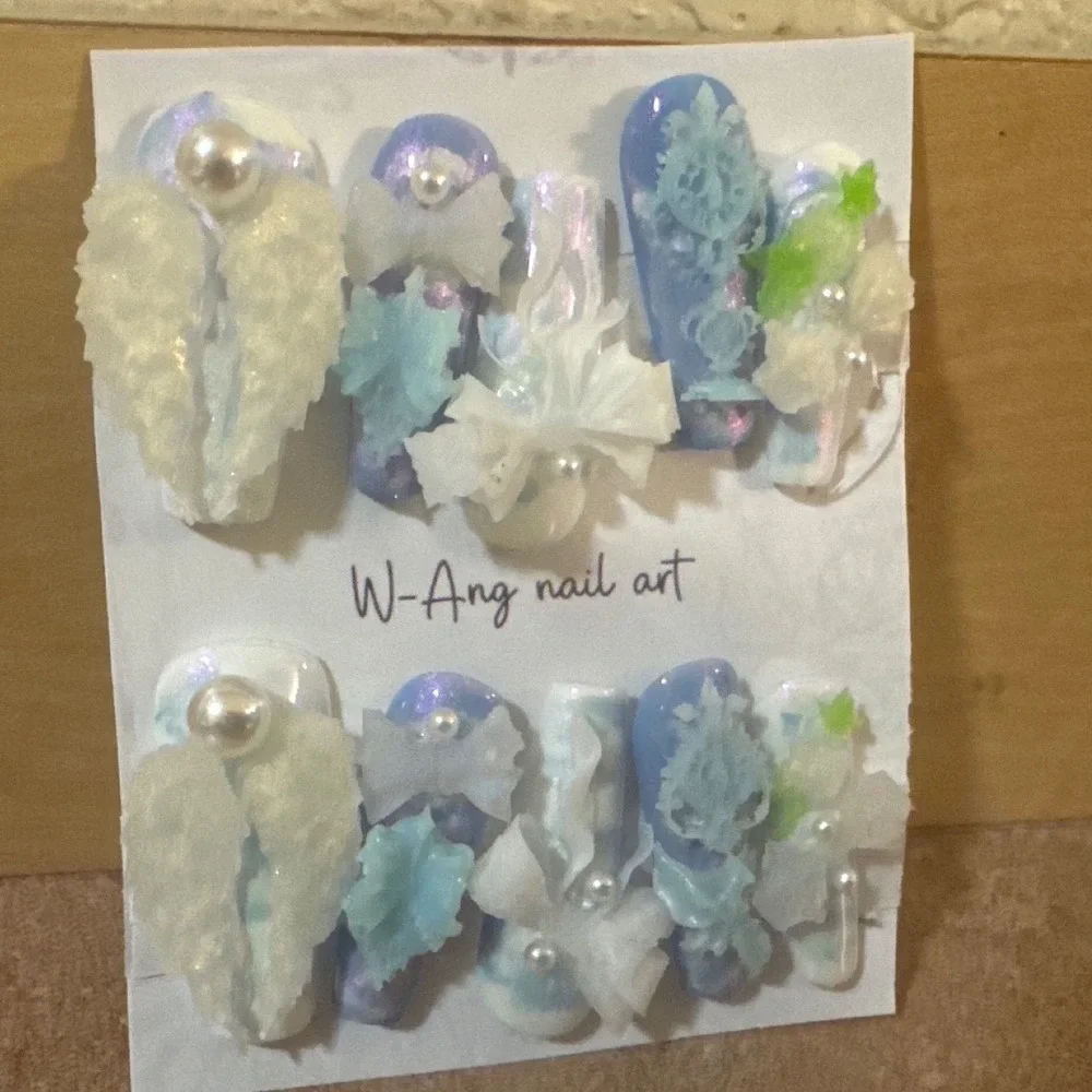 3D Ethereal Angel Wing Press On Nails Blue Purple Iridescent Pearl Bow Fantasy
